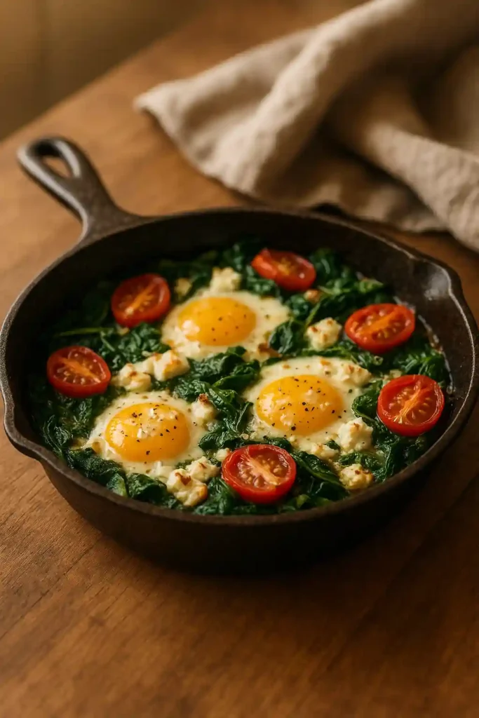 Close up of baked feta eggs with spinach and tomatoes in a skillet, warm and comforting