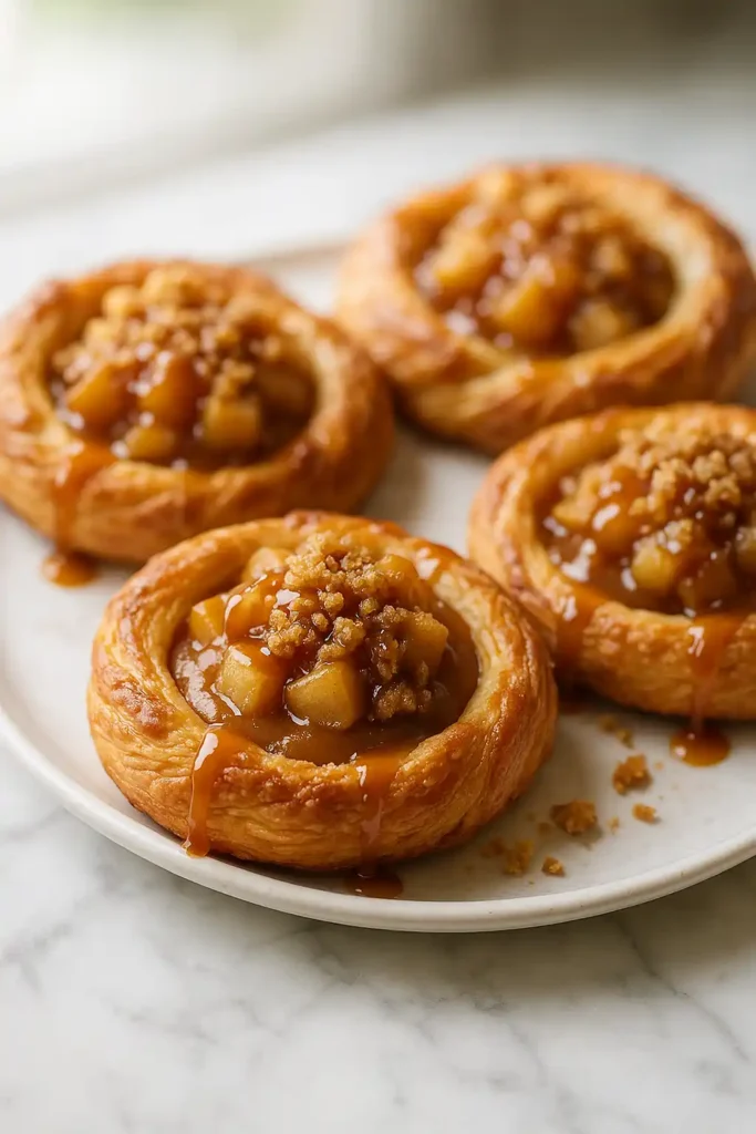 Caramel Apple Butter Danish Pastries on a marble board, golden flaky layers and glossy caramel drizzle
